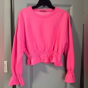 Zara Bright Pink Cropped Ruffle Sweatshirt
